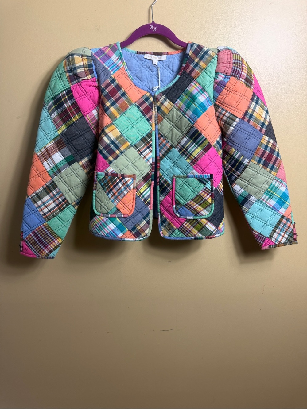 NWT Love the Label blue small Quilted Madras Patchwork Jacket Puff Sleeve